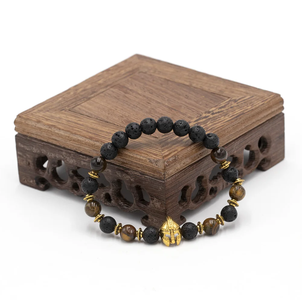 Модные ювелирные изделия черный камень лавы браслет для мужчин с золотой цвет
