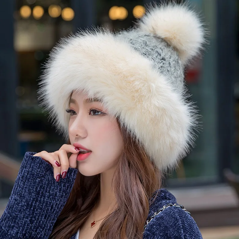 

Stylish Women Fluffy Hat Knitted Beanies Winter Ski Hats Weaving Mongolia Cap for Outdoor SEC88