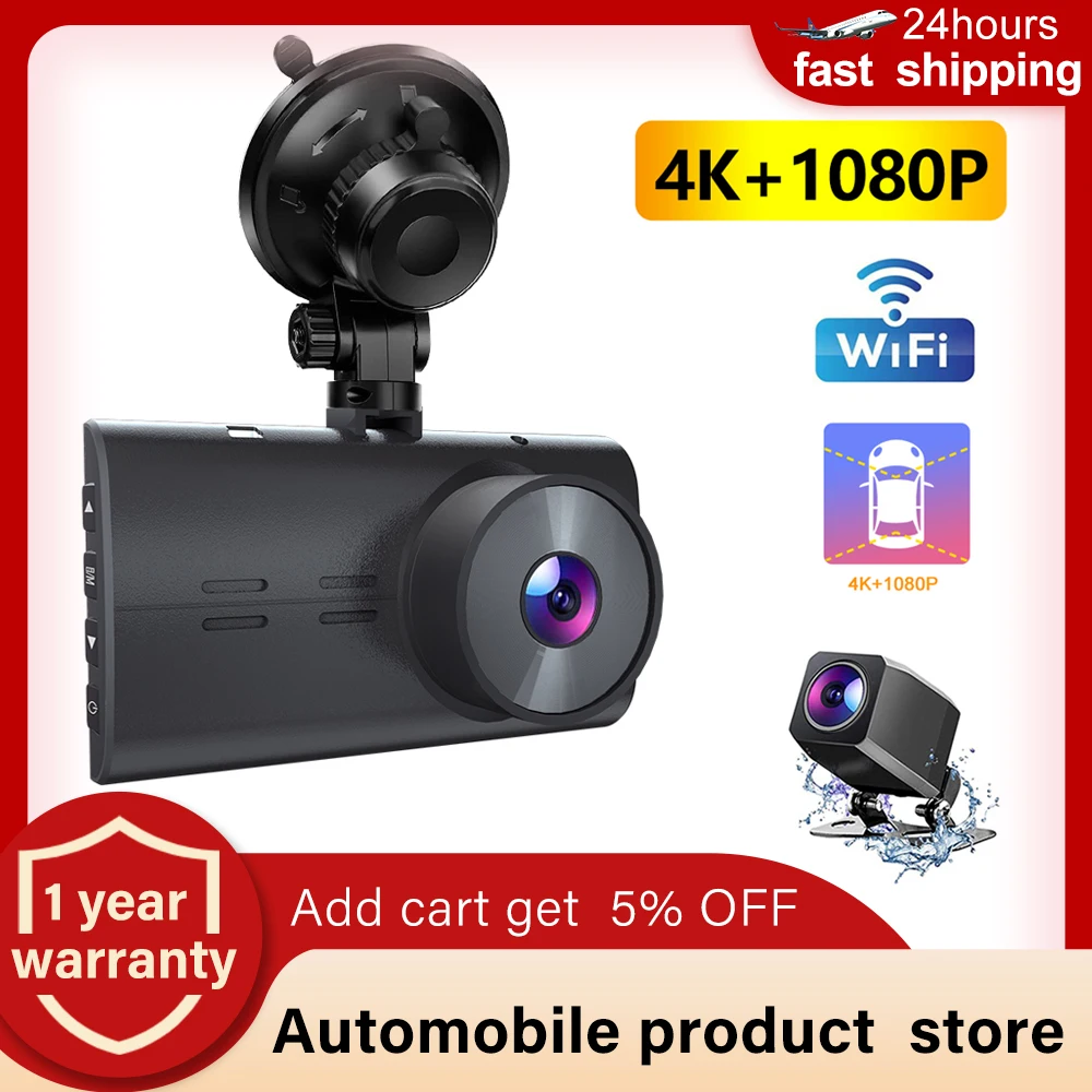 

4K 1080P Dash Cam Car Front Rear Camera 3 "IPS Screen Car Driving Recorder Night Vision 170 ° FOV Support 256GB Vehicle Camera