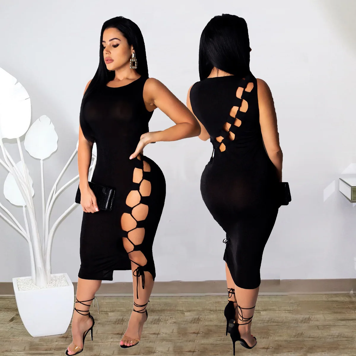 

Plus Size Women's Fashion Sexy Hook Flower Hollow Sleeveless Nightclub Dress