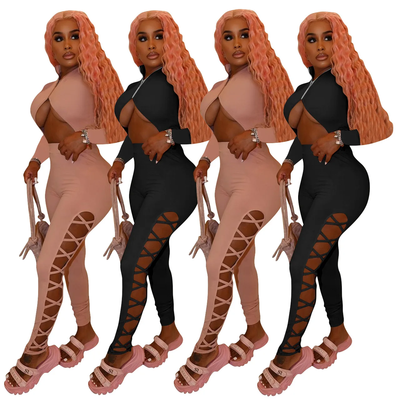 

Plus Size European and American Women's 2021 New Sexy Solid Color Zipper Cardigan Jumpsuit Hollow Design High-quality Jumpsuit