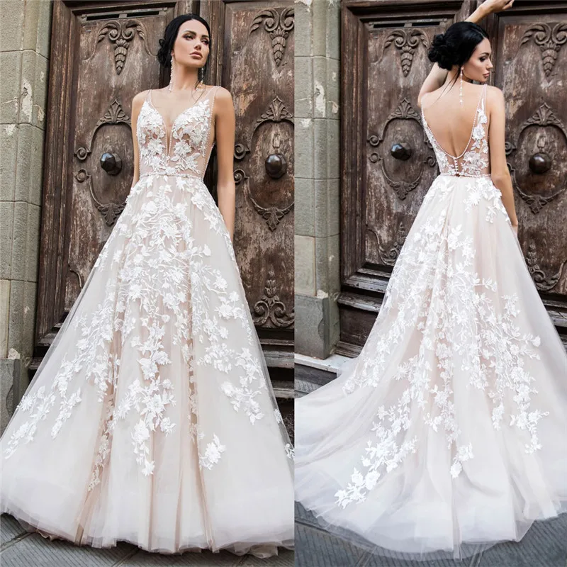 

Sexy Sheer V-Neck Tulle Lace Appliques Women Wedding Dress Bride Gown Sleeveless V-Shape Back Customized Long Formal Garden