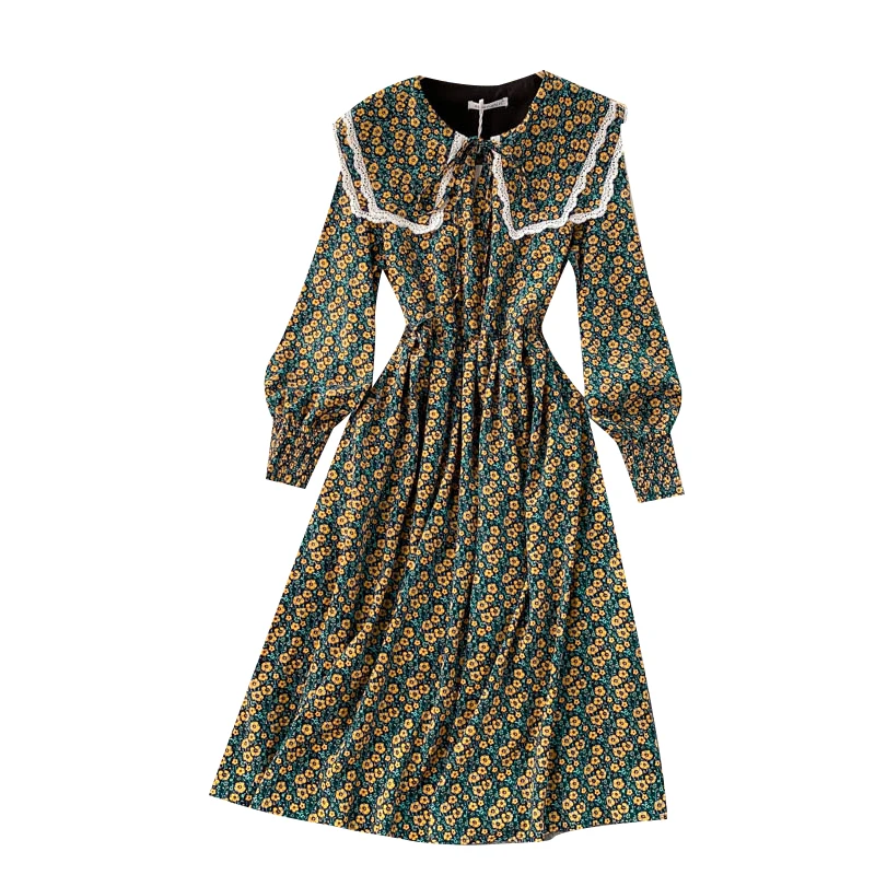 

French Sweet Floral Dress Women Sweet Lace Edge Turn-down Collar A-line Dress Autumn Bohemian Print Midi Long Dresses