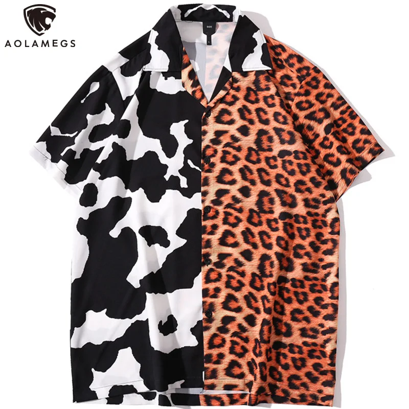 

Aolamegs Leopard Patchwork Shirts Men's Casual Hip Hop Hawaiian Shirts Male Summer High Street Fashion Vintage Streetwear Couple