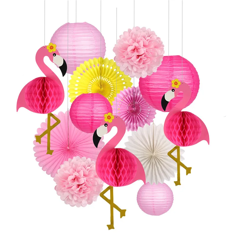 Rose flamingo set Тропический Розовый фламинго вечерние вафельная ткань декоративная ткань бумажный веер в виде цветка Бумага фонари для Гавайский Летний пляж Луау Вечерние - Цвет: Rose flamingo set