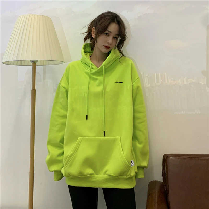 Spring Casual Loose Boyfriend Fluorescent Green Hoodies Women 2021 Hoodies Neon Green Print Jackets Long Pullovers Streetwear