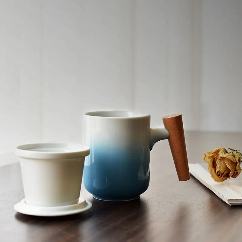 

Кружка с деревянной ручкой, керамическая чайная чашка с крышкой и фильтром, Офисная кофейная чашка, чашка для питья чая, кружки и кружки, кру...