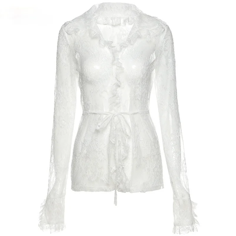 

White Lace Long Sleeve Mesh Tops Sexy Club See Through Fashion Casual Slim Top Women V Neck Clothing Lady T Shirt 2021 Spring