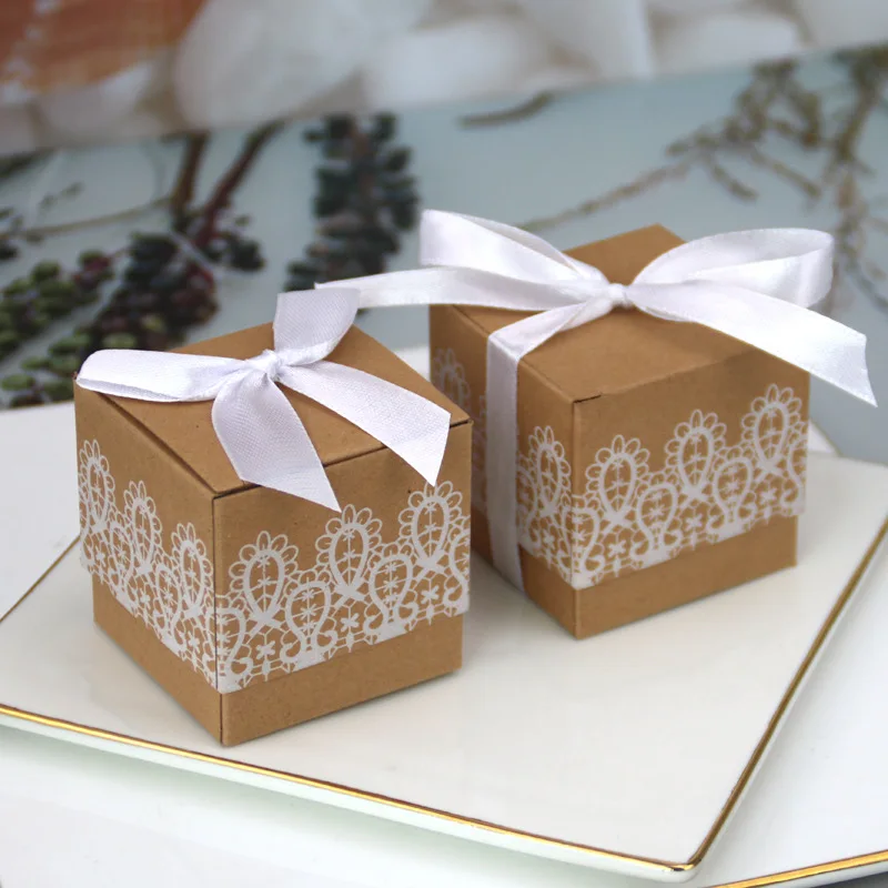 

50pcs Kraft Paper Lace Bow Candy Box Gifts Packaging Bag DIY Baby Shower Christmas Valentine's Party Favor Wedding Decoration