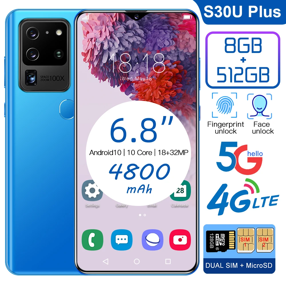 

Global Version S30U Plus 6.8-inch Water Drop Screen Smart Facial Recognition Fingerprint Unlocking Phone Android 10.0