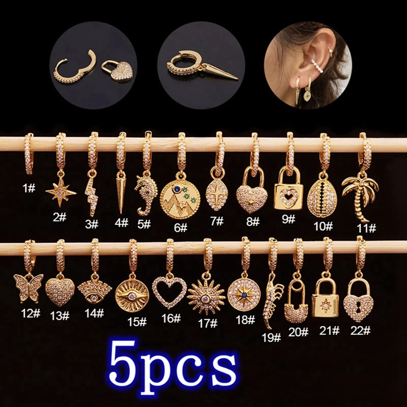 

5pcs Gold Drop Ear Helix Cartilage Ring Conch Tragus Labret Hoop Septum Huggie Shield Flash Earrings Piercing Set Body Jewelry