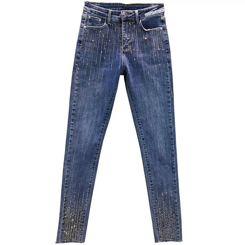 

Fashion Jeans Womens 2021 Fall New Slim Elastic High Waist Vertical Stripe Hot Drilling Jean Pencil Pants Students Pants Denim
