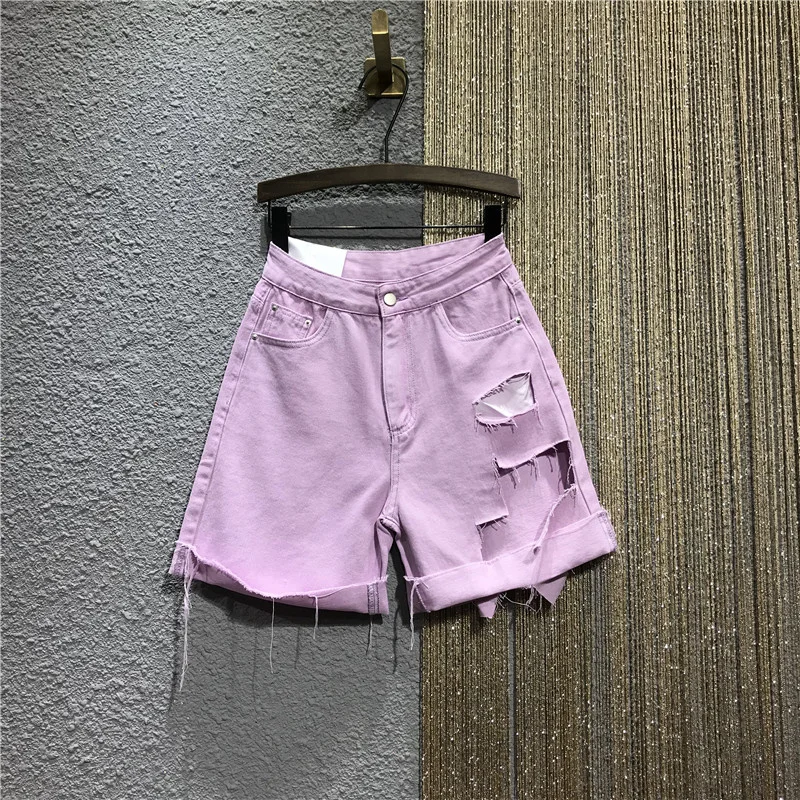 

Women Green Denim Shorts Summer High Waist Straight Knee Length Shorts Preppy Style Hole Ripped Thin Short Jeans Female S-XL