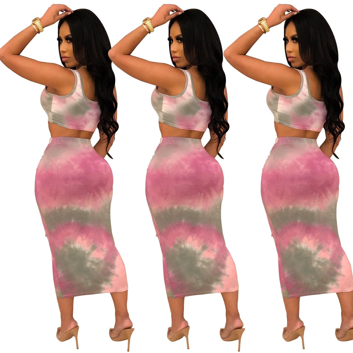 

S-XL Sexy Sundress Tie Dye Dresses for Women Two Piece Outfits Summer Long Boho Print Beach
