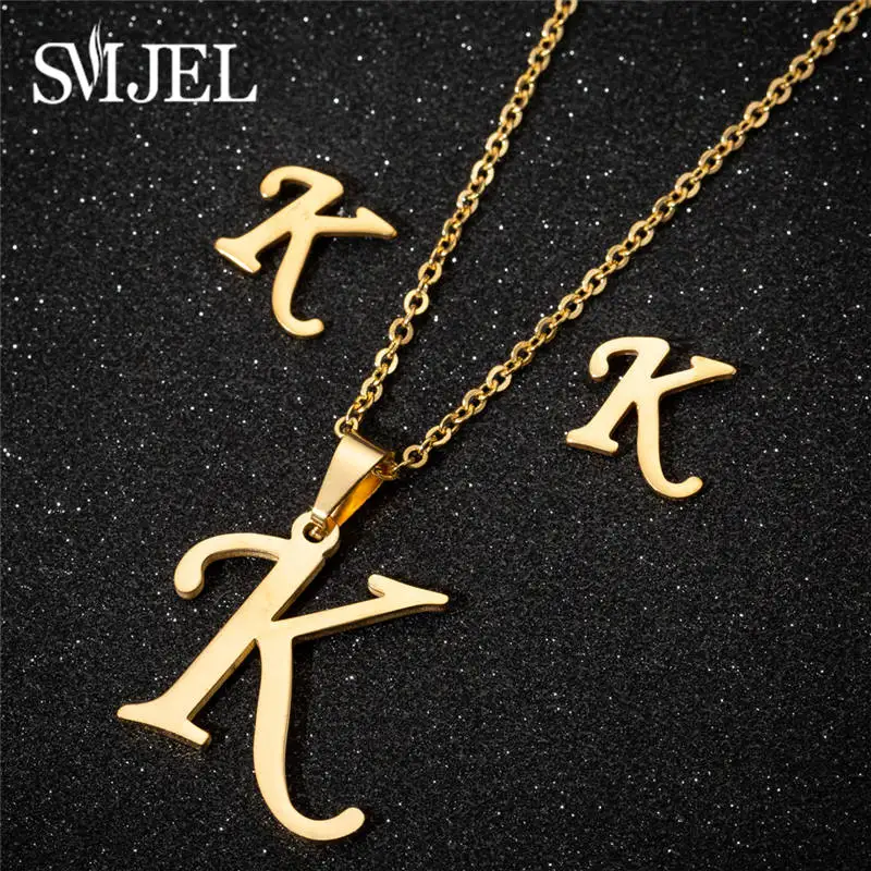 SMJEL Stainless Steel Initial Letters Earrings for Women Gold Color Wedding Jewelry K A M J C Name Charm Earings Piercing Bijou