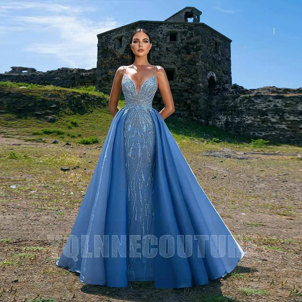 

Luxury Dubai Blue Rhinestones Evening Gown Party Dresses Spaghetti Tulle Beaded Backless Fashion Robes De Soirée