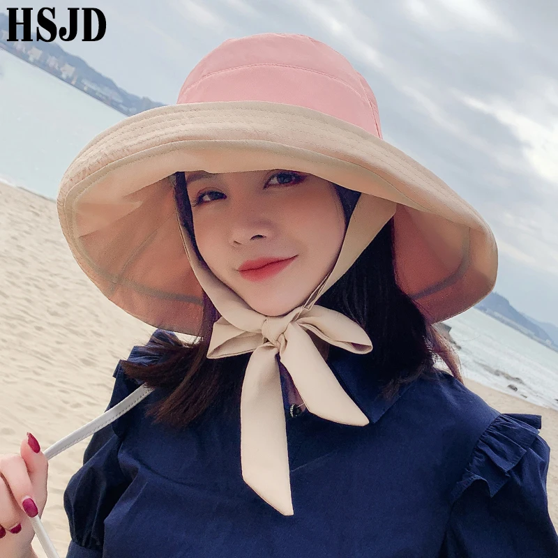 Шляпа Женская двухсторонняя с бантом однотонная Складная пляжная Панама