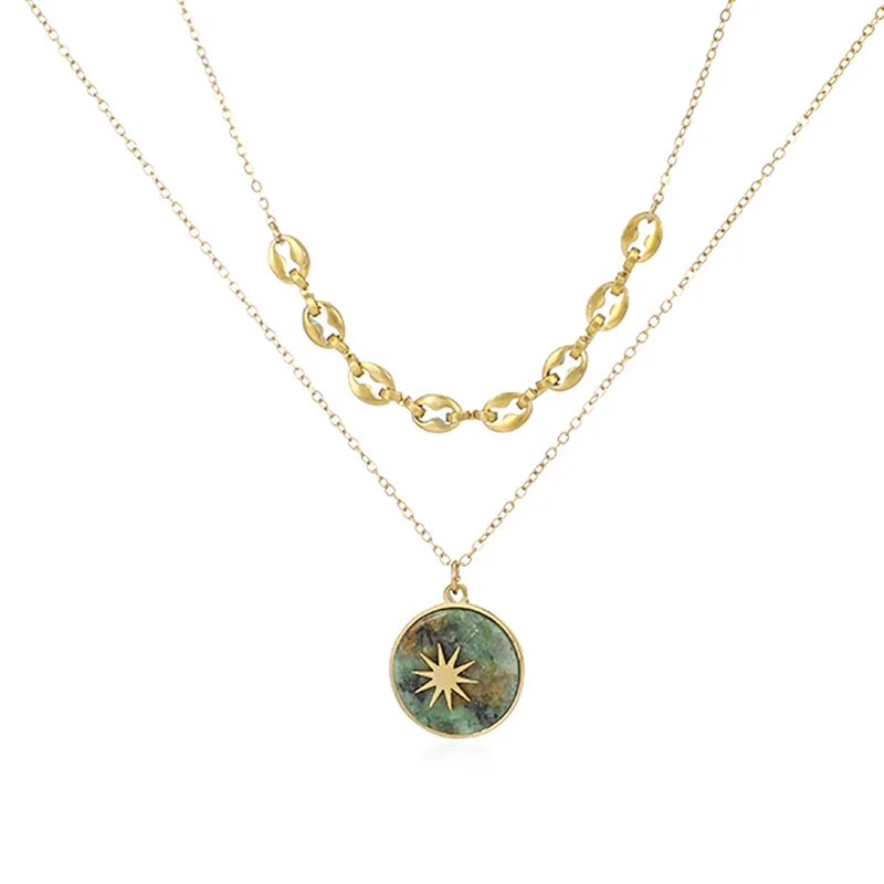 

Double Layer Geometry Round Pendant Necklaces Stainless Steel Golden Clavicle Chain Fashion Choker Fine Jewelry Accessories