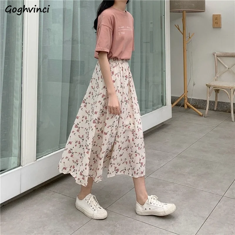 

Mid-calf Skirts Women Vintage Printed Elastic Waist Sweet Summer Skirt Female All-match Prairie Chic Korean Style Kawaii Simple