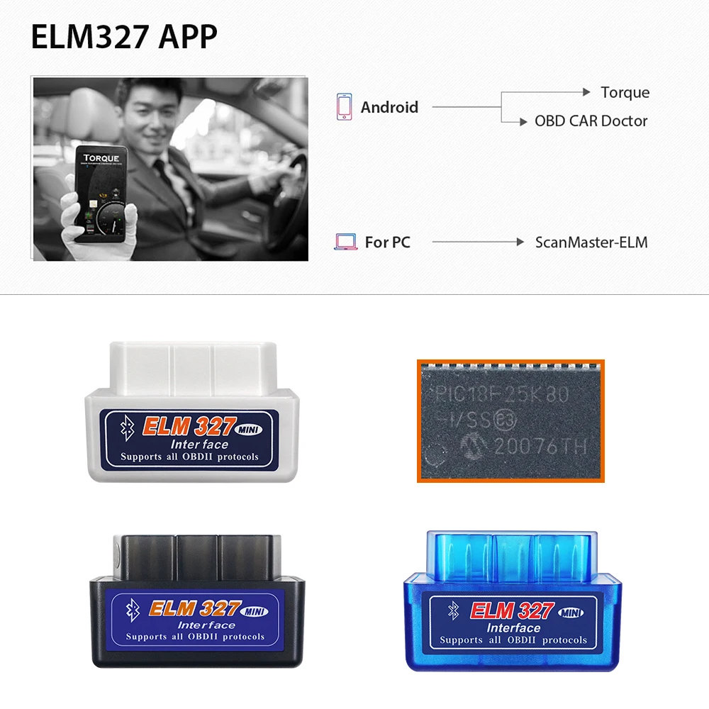 Заводская цена Elm327 Pic18f25k80 Bluetooth V1.5 OBD2 автомобильный сканер Elm 327 25k80 Obdii