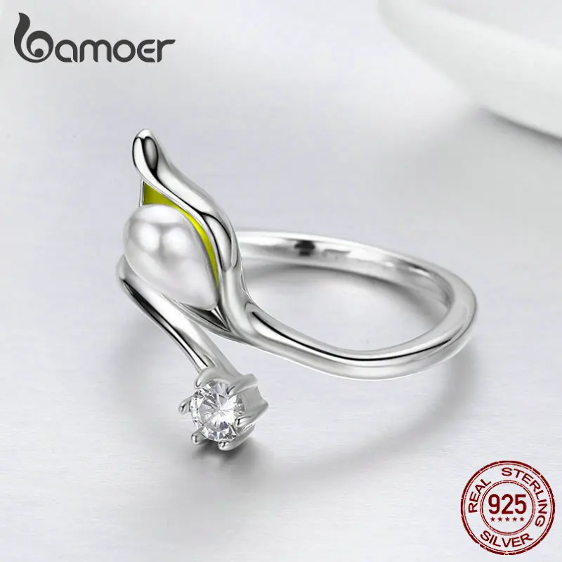 BAMOER, подлинное, 925 пробы, серебряное, элегантное, Калла, лилии, цветочные бутоны, регулируемое, Женское кольцо для женщин, обручальное, ювелирное изделие SCR299
