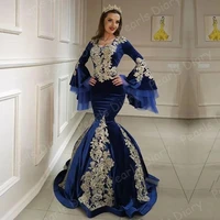 v neck appliques formal prom dress 2021 newest royal blue morocco kaftan evening dresses long sleeves velvet muslim party gowns