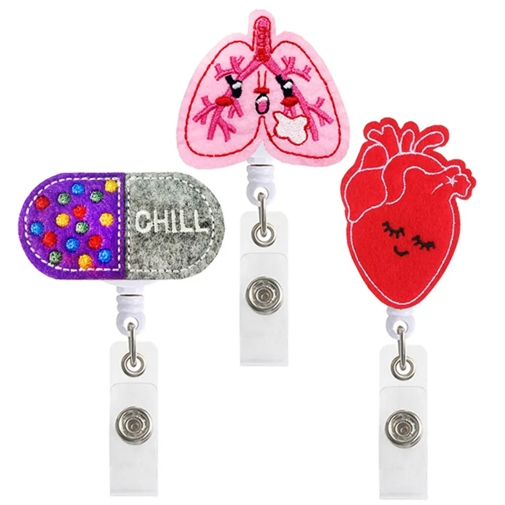 

1PC Cute Cartoon Heart Lung Pill Retractable Nurse Badge Reel Clip Badge Holder Students Doctor ID Felt Embroidery Card Holder