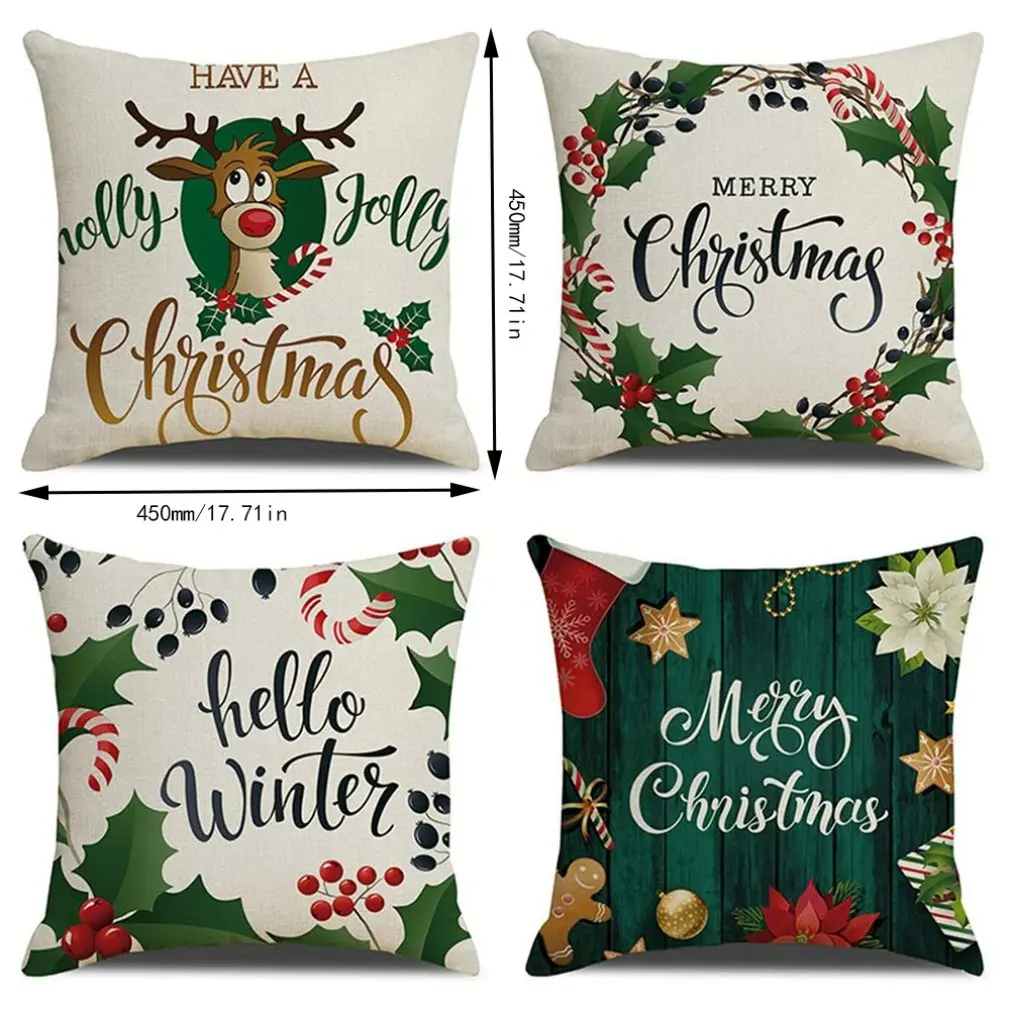 

Christmas Sofa Pillow Case Linen Cute Elk Cushion Cover Pillowcase Sofa Pillowcover Green Christmas Decoration 45-45cm