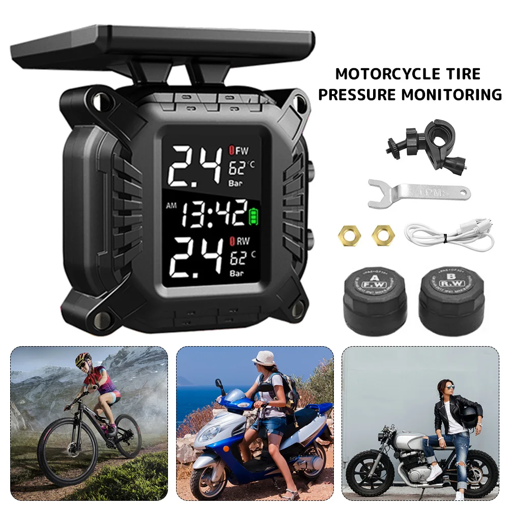 

Motorcycle TPMS Wireless Tire Pressure Monitoring System with 2 Sensors LCD Display Auto Alarm System