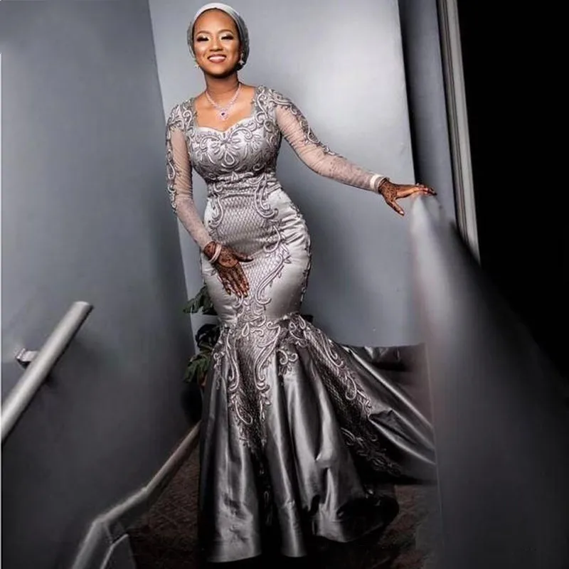 

Luxury Evening Dresses Embroideries Robe de soiree Abendkleider Silver Evening Gowns Full Sleeve Long Evening Dress Lace Mermaid