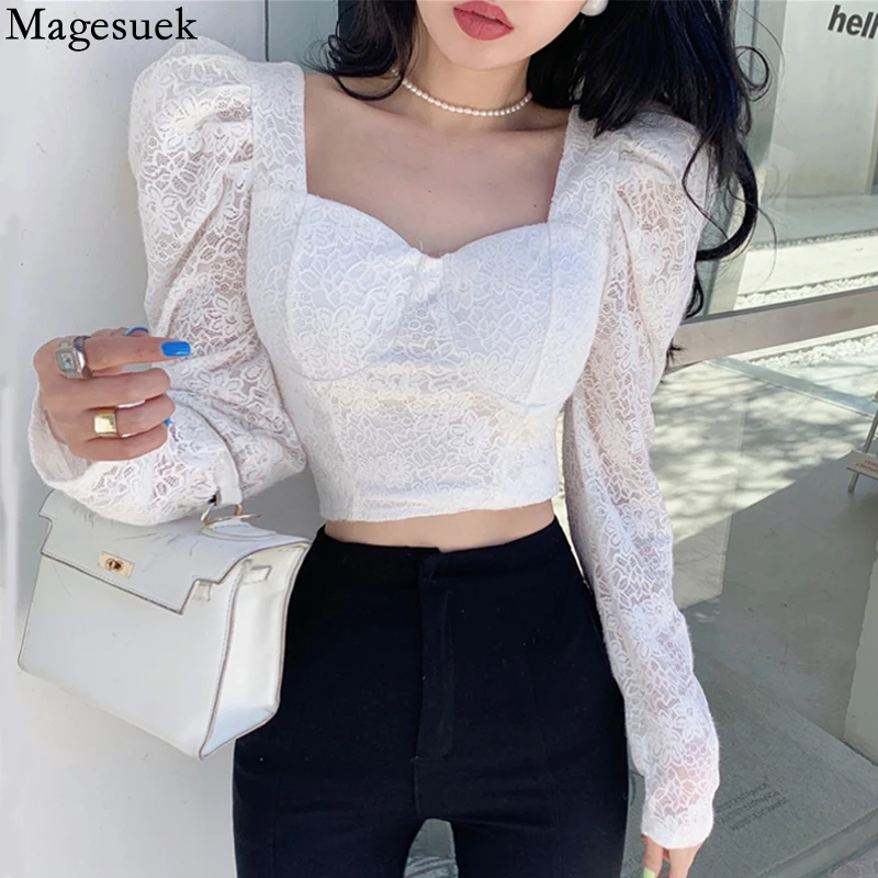 

Sexy French Puff Long Sleeve Blouse Women Square Collar Lace Shirts Spring Sweet Crop Top White Slim Black Woman Blouses 18517