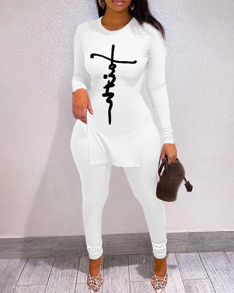 

Autumn Women Letter Print Split Hem Top & Skinny Pants Set 2021 Femme Casual 2 Pcs Tracksuits Set Lady Sporty Outfits traf