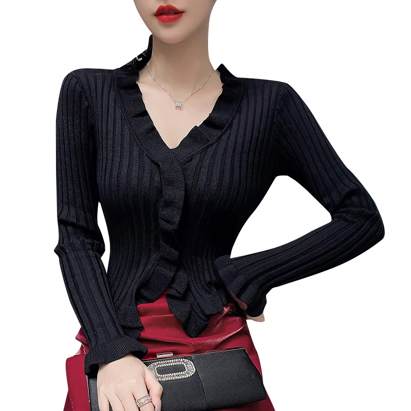 Новинка 2021 Ранняя осень облегающий тонкий черный короткий свитер с V-образным