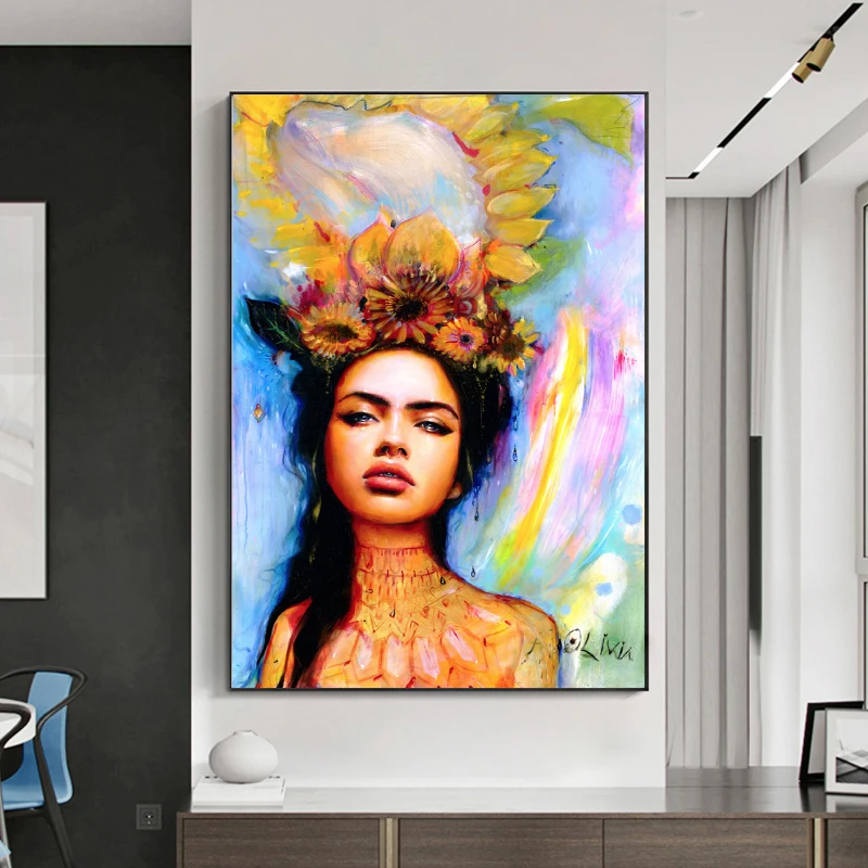 

Abstract Woman Flower Portrait Canvas Painting Poster and Prints Wall Art Pictures for Living Room Home Decoration Hotel Cuadros