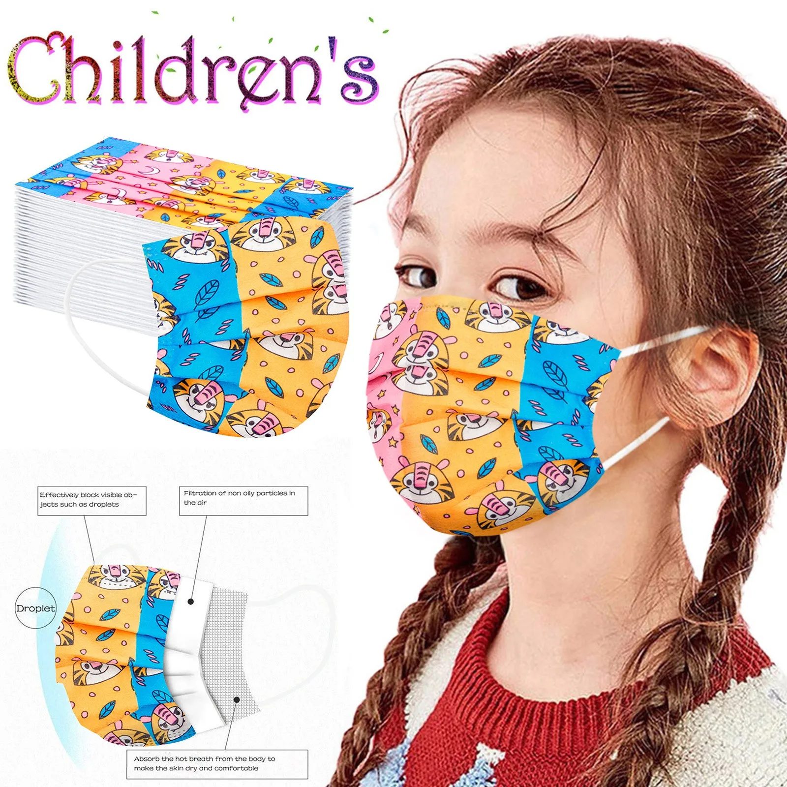 

50pcs Kids Face Mask Cute Print Kids Disposable Face Mask Facial 3ply Masks Halloween Cosplay Masque Enfant Jetable Navidad