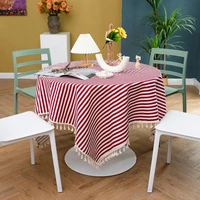 cotton and linen blending tablecloth stripe printed household tablecloth for living room tea table cover tassel edged