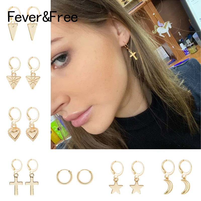 

Korean Small Dangle Earrings For Women Fashion Gold Color Drop Earrings Heart Cross Star Charm Earrings Female Jewelry