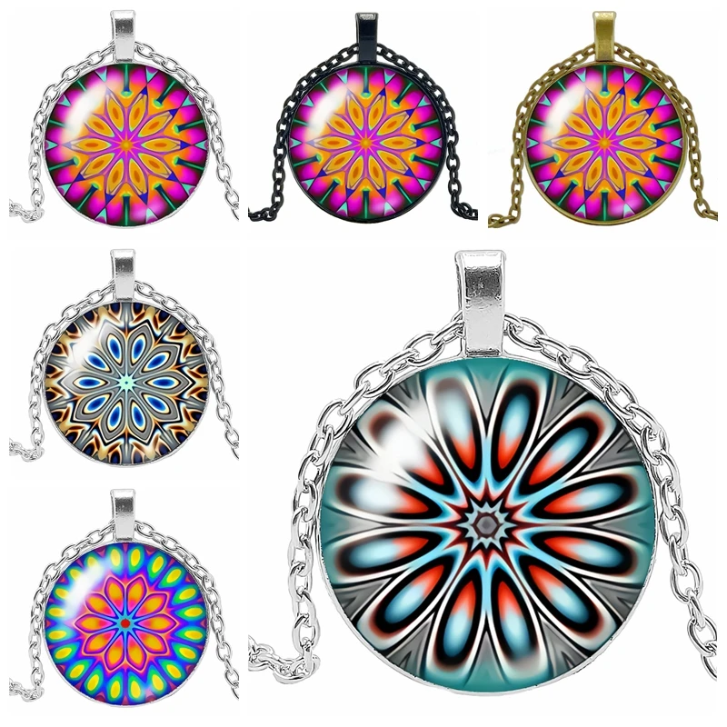 

Initial necklace Fashion 3 Color Kaleidoscope Glass Cabochon Pendant Necklace Mandala Flower Decoration Necklace Pendant