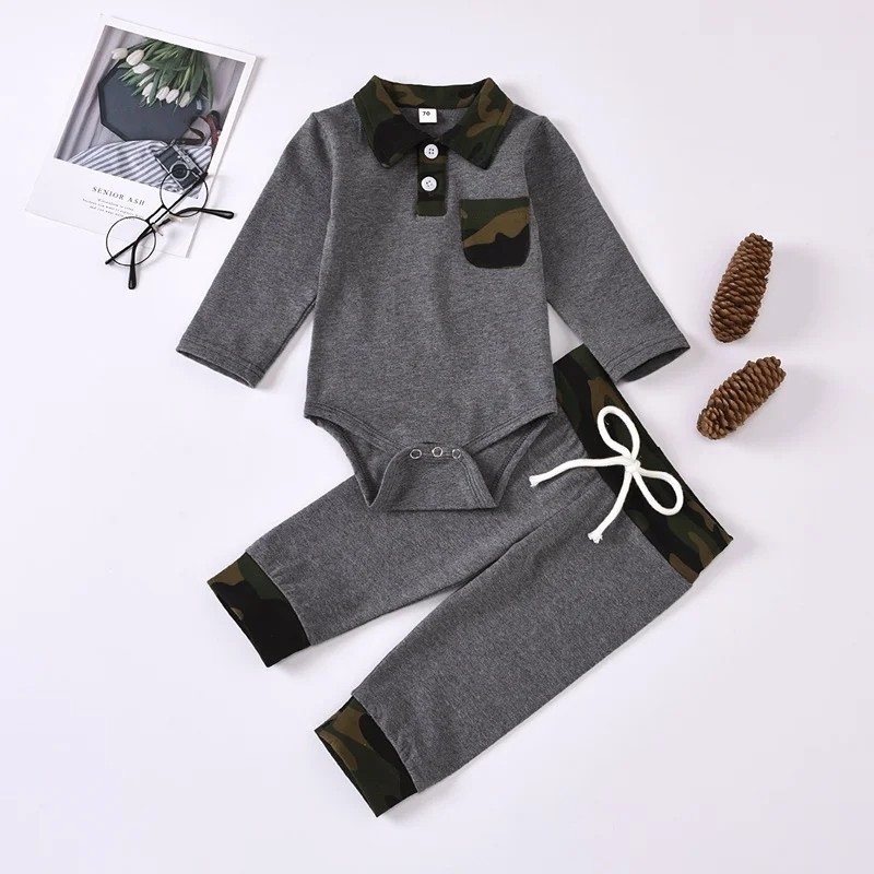 

Baby Boy Clothes 2pcs Set Cotton Long Sleeve Turn-down Collar Pocket Button Solid Romper Tops+Trouser Casual Baby Clothing 0-24M