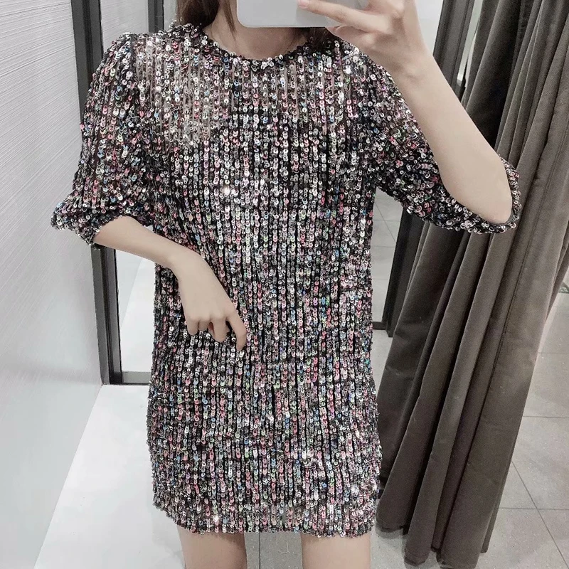 2020 осеннее модное сексуальное мини платье с блестками для женщин однотонное