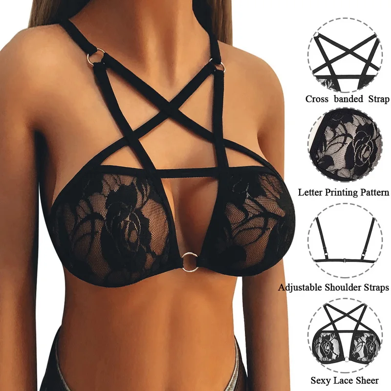 Женский бюстгальтер кружевной эластичный черный на бретельках с вырезами