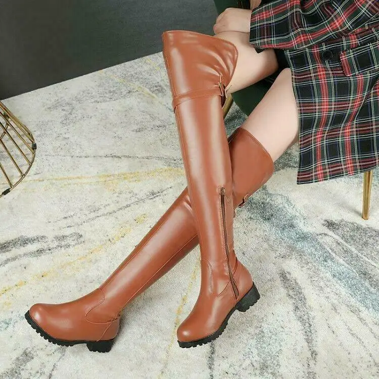 

Готические женские ботфорты на молнии, высокие сапоги для верховой езды, сапоги до бедра с пряжкой, большие размеры