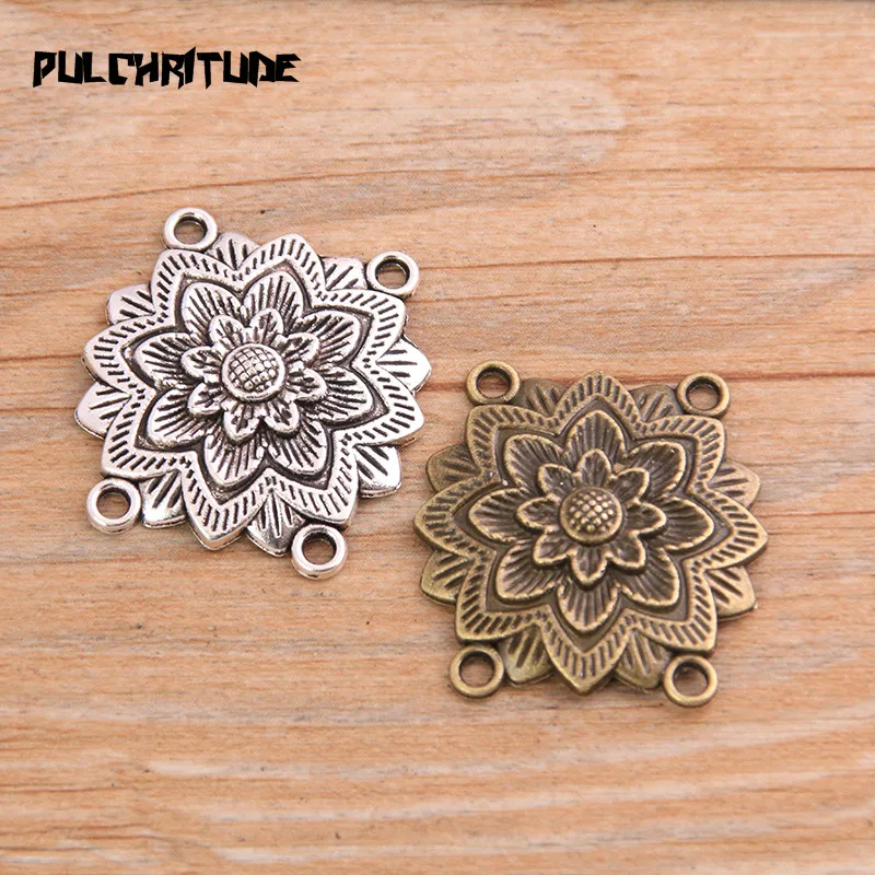 Купи PULCHRITUDE 8pcs 27*28mm Retro Two Color Zinc Alloy Flower Pendants Connectors Linker For DIY Charm Jewelry Accessorie за 75 рублей в магазине AliExpress