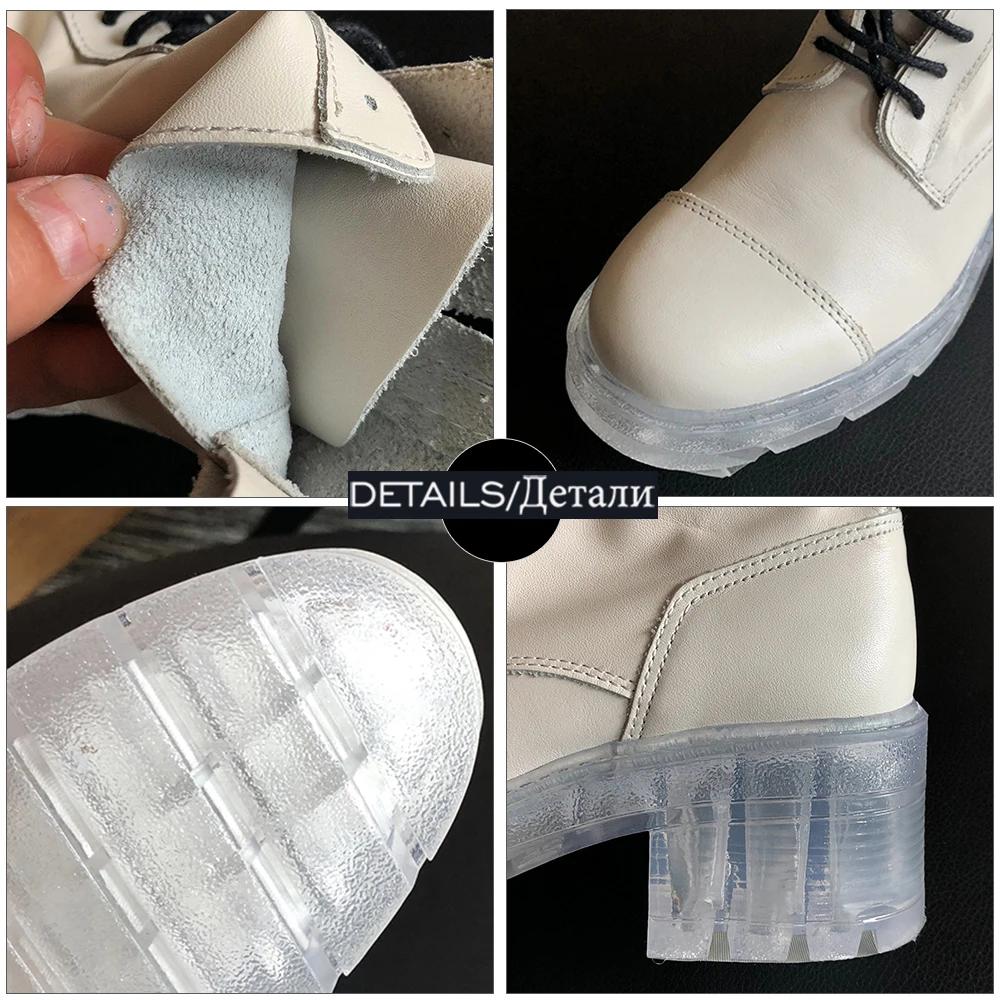 

WETKISS Transparent Outsole Ladies Ankle Boots Clear Heels Platform Booties Lace Up Genuine Leather Shoes Chunky Heels Boots