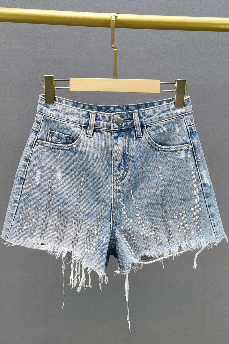 

Light Blue Denim Shorts Women's 2021 Summer Jeans New High Waist Trousers Loose Slim Hot Drilling Raw Hem Wide Legs Hot Pants