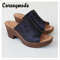 careaymade head layer cowhide hand made sewn thick high heel fishmouth sandals summer comfortable increase slippers3 colors