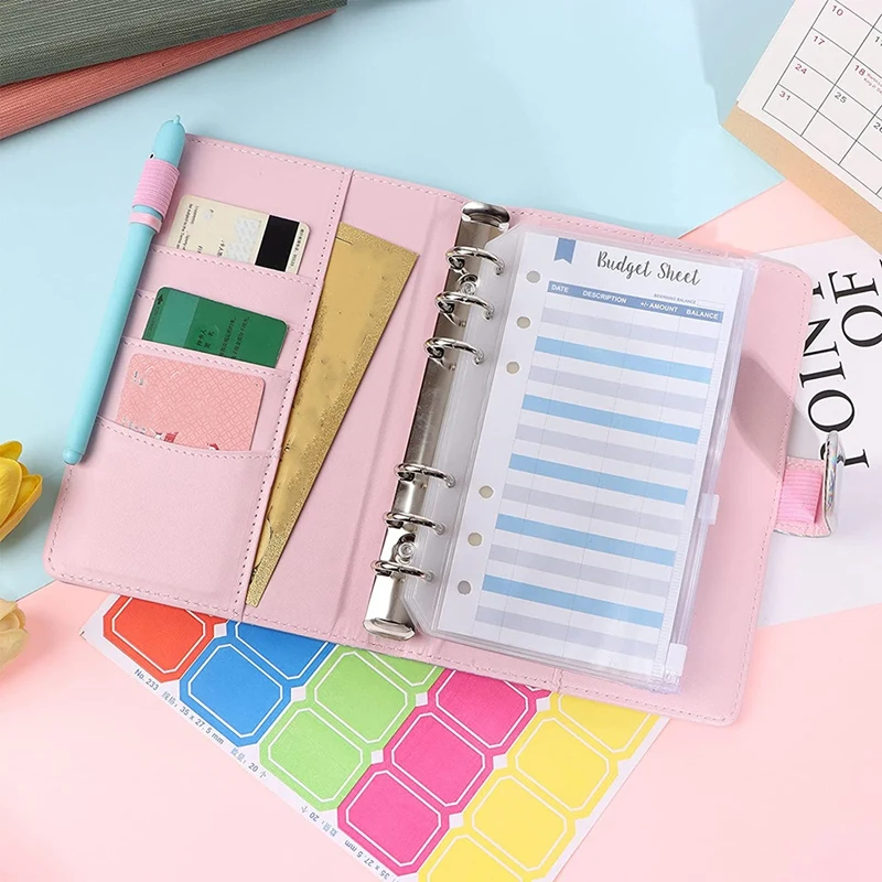 

A6 PU Leather Binder Cover Pink Leather Binder File Pocket Loose-Leaf Folder 6-Ring PVC Budget Envelope Binder