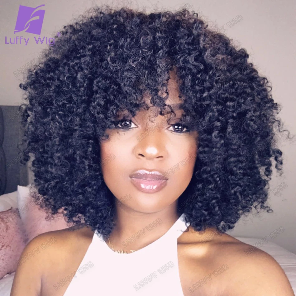 Luffywig Curly Human Hair Wig With Bangs Scalp Base Top Full Machine Made Wig With Bangs Remy Brazilian Hair Wigs For Women