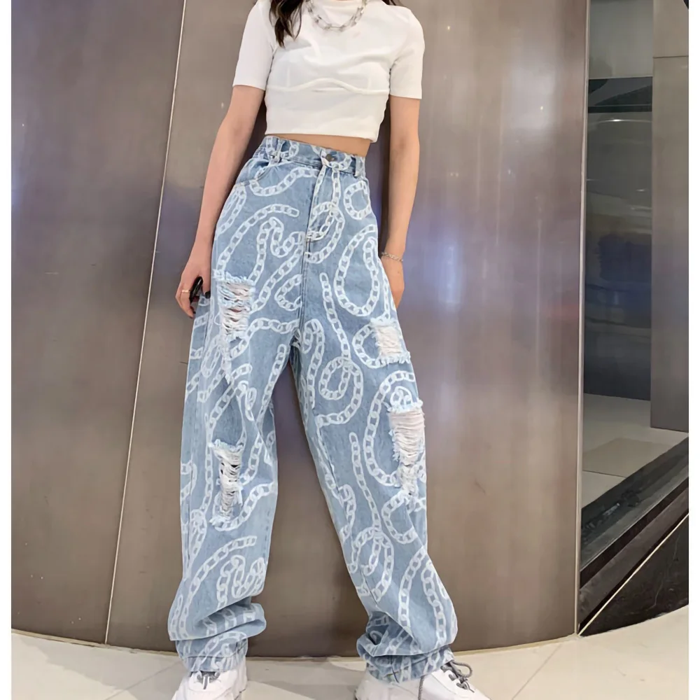 

Wide Leg Jeans Women Denim Straight Pants Stylish Aesthetic Slouchy Ripped Trousers Destroyed Street Hipster