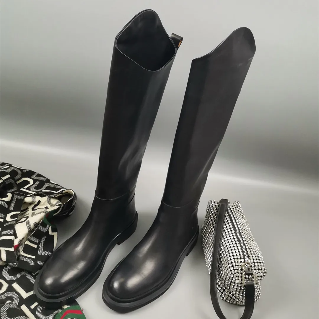

Women Platform Round-Toes Slip On Boots Ladies Black Genuine Leather Knee-length Winter Boots Botas De Mujer Designer Shoes